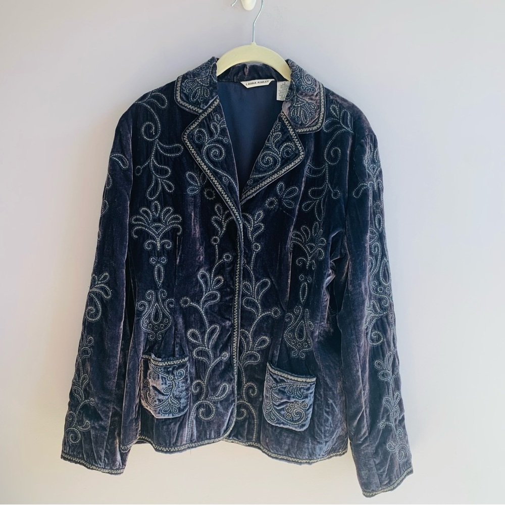 Laura Ashley Jacket Blazer Lavender Grey Velvet Embroidered Paisley Boho Small